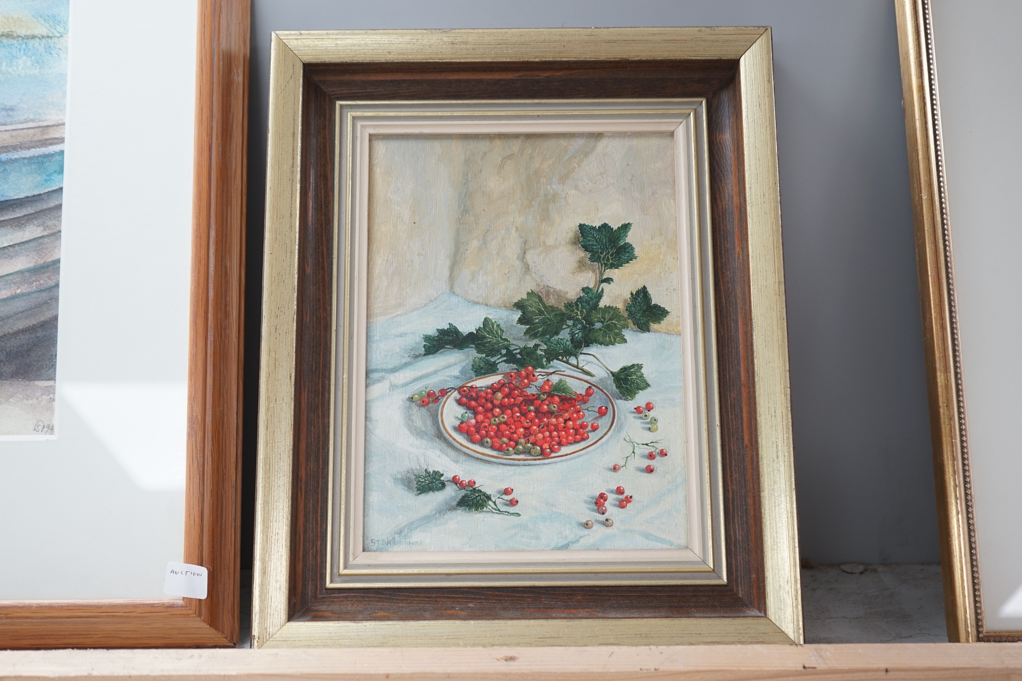 Stephen Darbishire (b.1940), oil on board, Still life of redcurrants, signed, 22 x 16cm. Condition - good